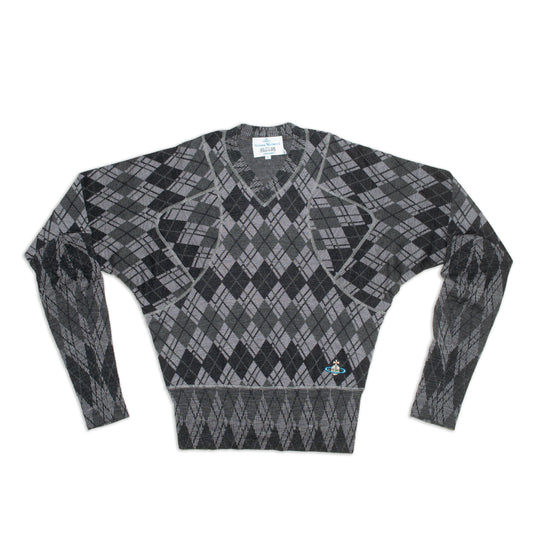 1990s Crazy pattern V-neck argyle design knit