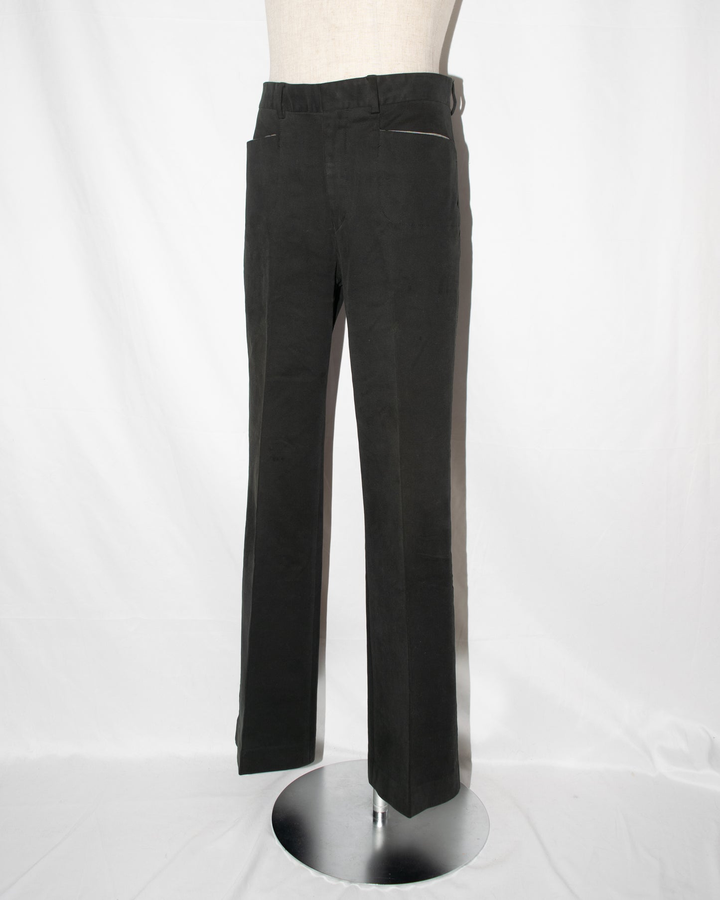 1990s Urethane coated cotton trousers with round cut pockets